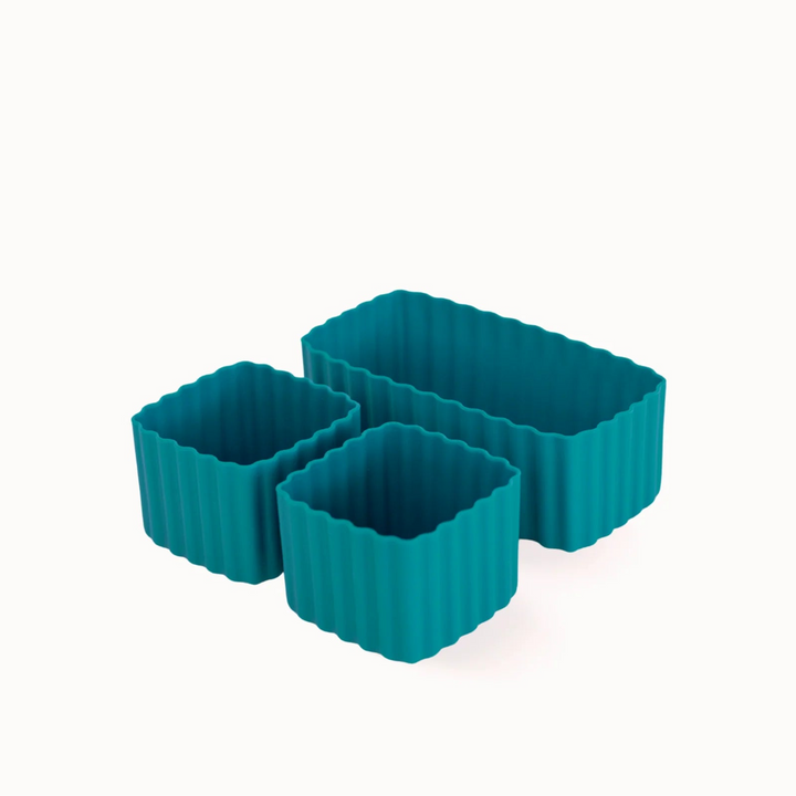 Set of three teal rectangular containers on a white background