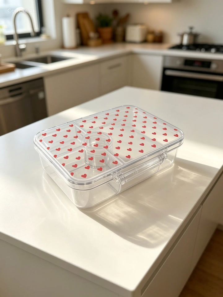A clear plastic bento box with a lid covered in small red hearts, sitting on a white kitchen island with a blurred modern kitchen in the background.