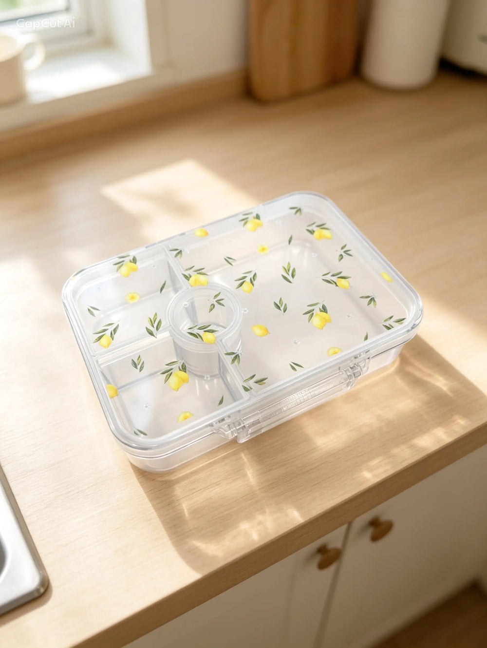 A clear plastic bento box with a lid printed with a yellow lemon and green leaf pattern, resting on a light wood kitchen countertop.