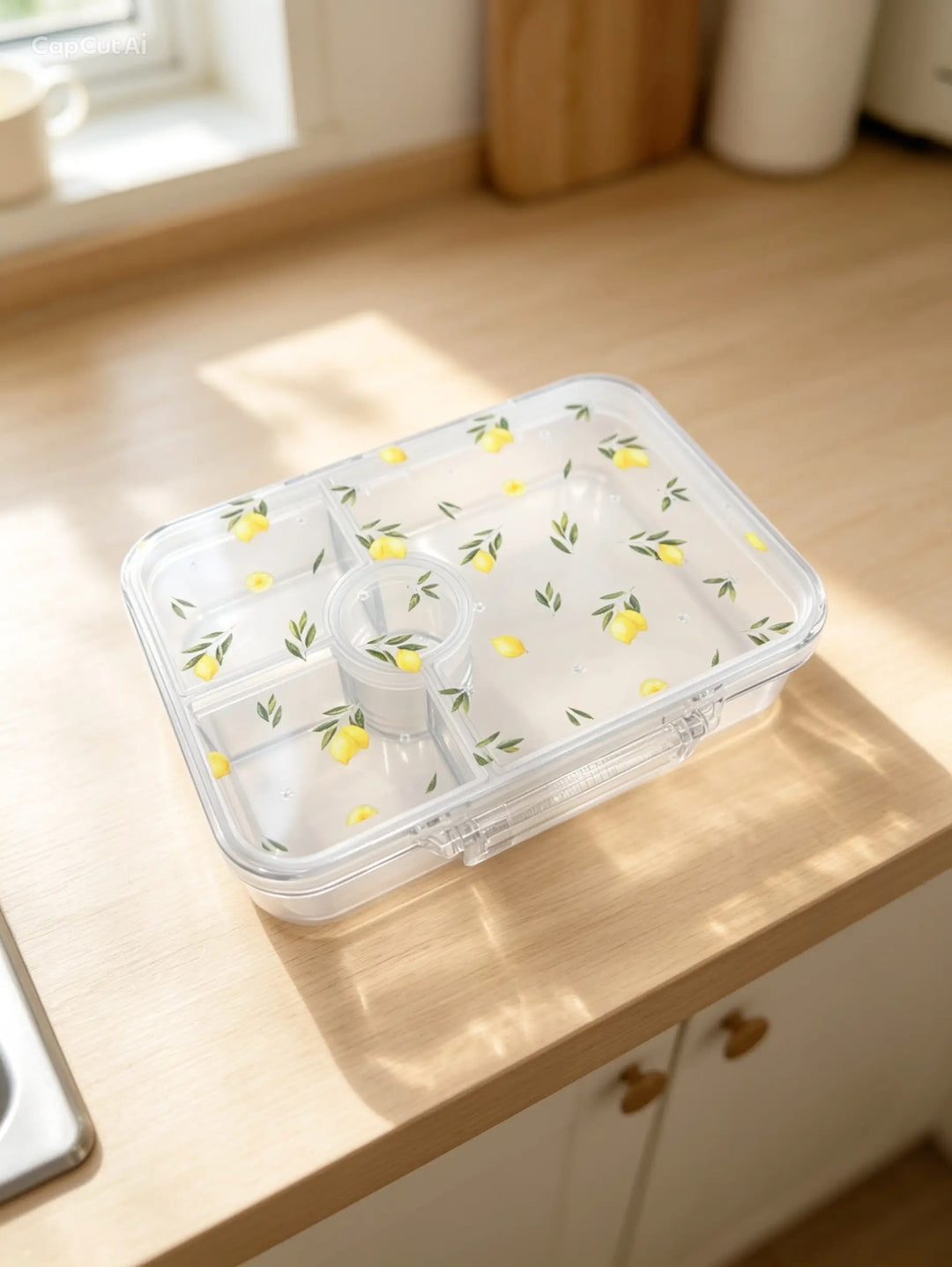 A clear plastic bento box with a lid printed with a yellow lemon and green leaf pattern, resting on a light wood kitchen countertop.