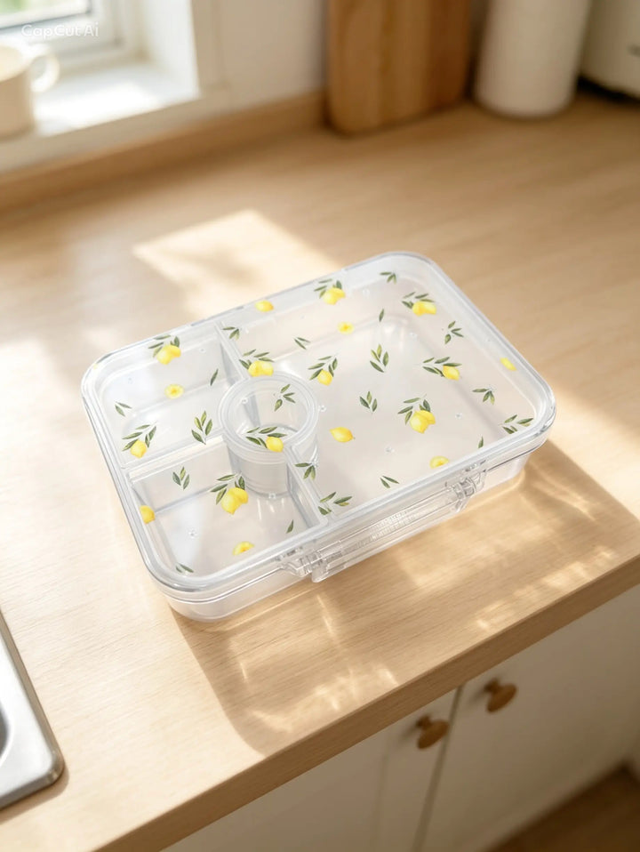 A clear plastic bento box with a lid printed with a yellow lemon and green leaf pattern, resting on a light wood kitchen countertop.