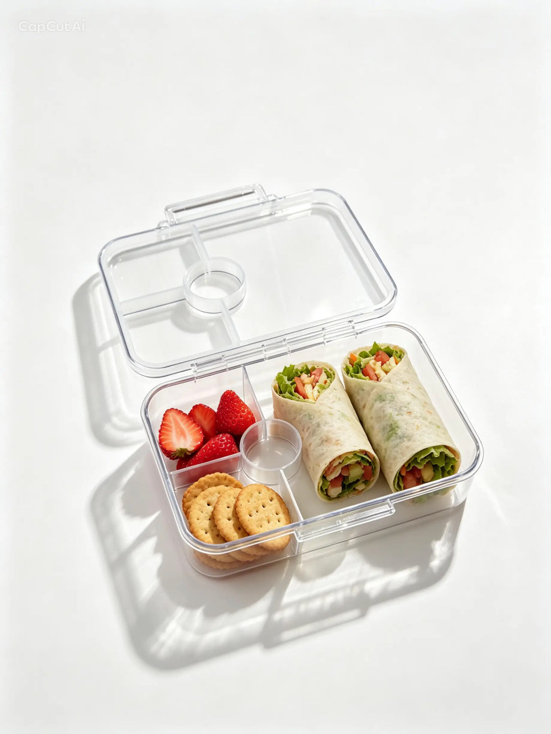 A clear plastic divided lunch box with a lid, shown open on a white background. The box contains two wrap sandwiches, sliced strawberries, and round crackers.