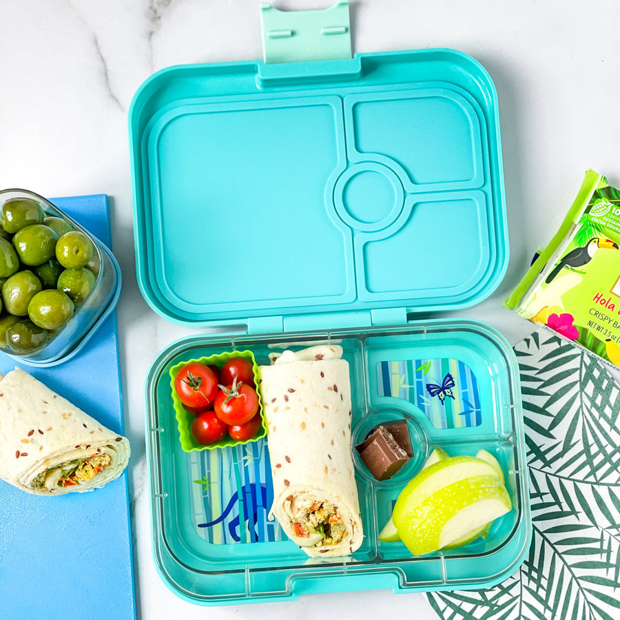 Yumbox Panino Teal Lunch Box for Kids with a wrap and snacks inside