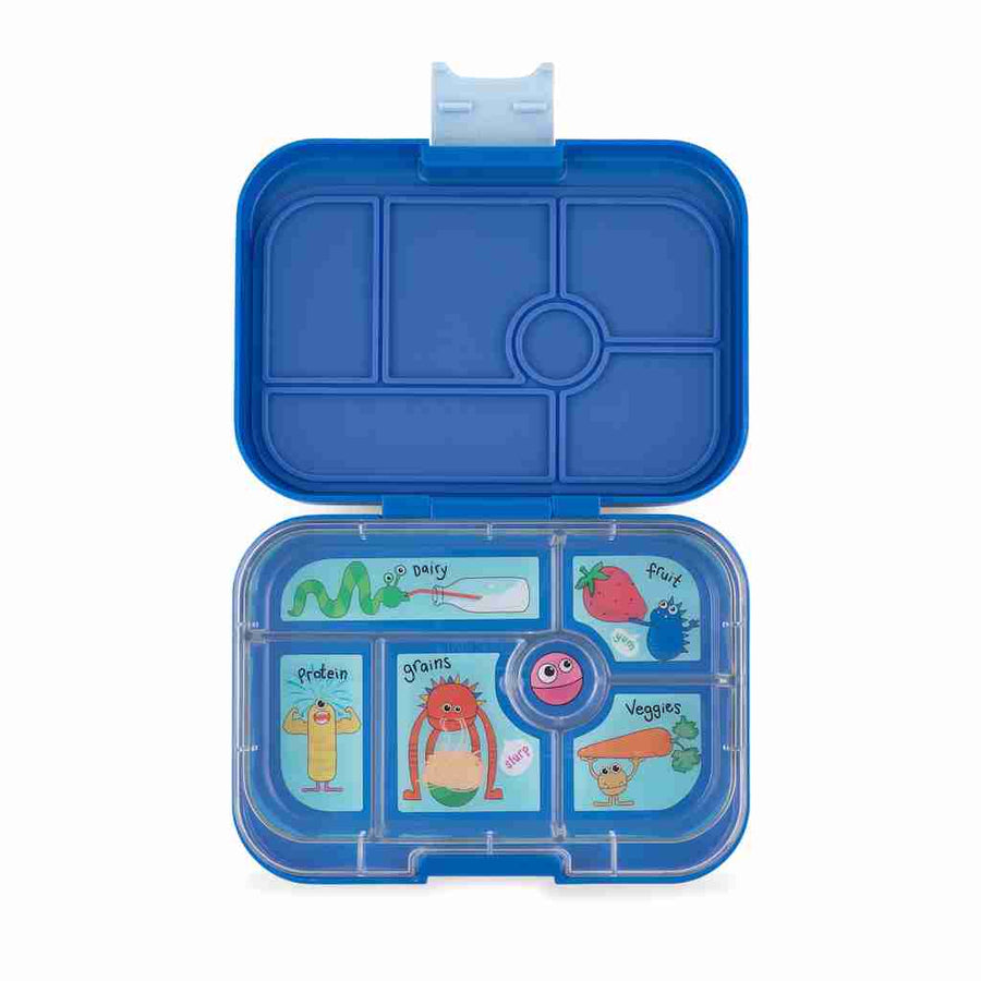 Yumbox original light blue kids lunch box with snacks inside of it