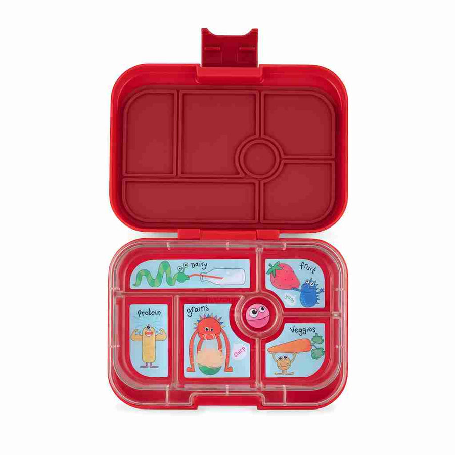 Yumbox original light blue kids lunch box with snacks inside of it