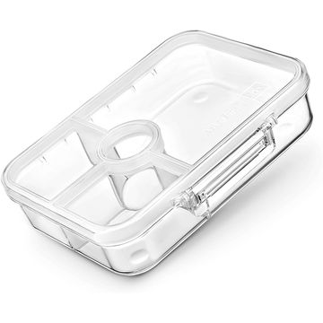 Clear plastic compartment organizer container with a hinged lid and side clip, shown on a white background.