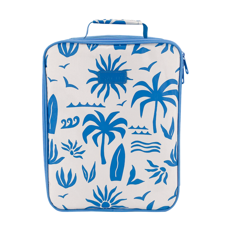 A rectangular soft-sided bag with a blue and white tropical print featuring palm trees, surfboards, waves, and birds, shown on a plain white background.