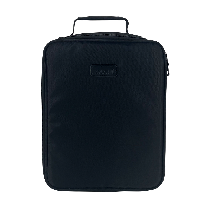 A black zippered lunch bag with a top carry handle, shown against a plain white background. A small black rectangular brand patch reading 'Safav' is visible on the front.