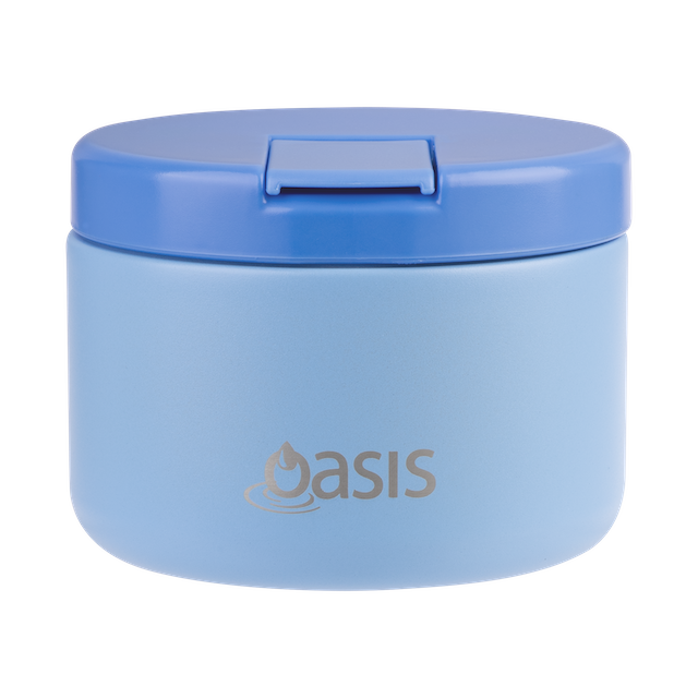 Blue container with lid on a white background, featuring the 'oasis' brand.