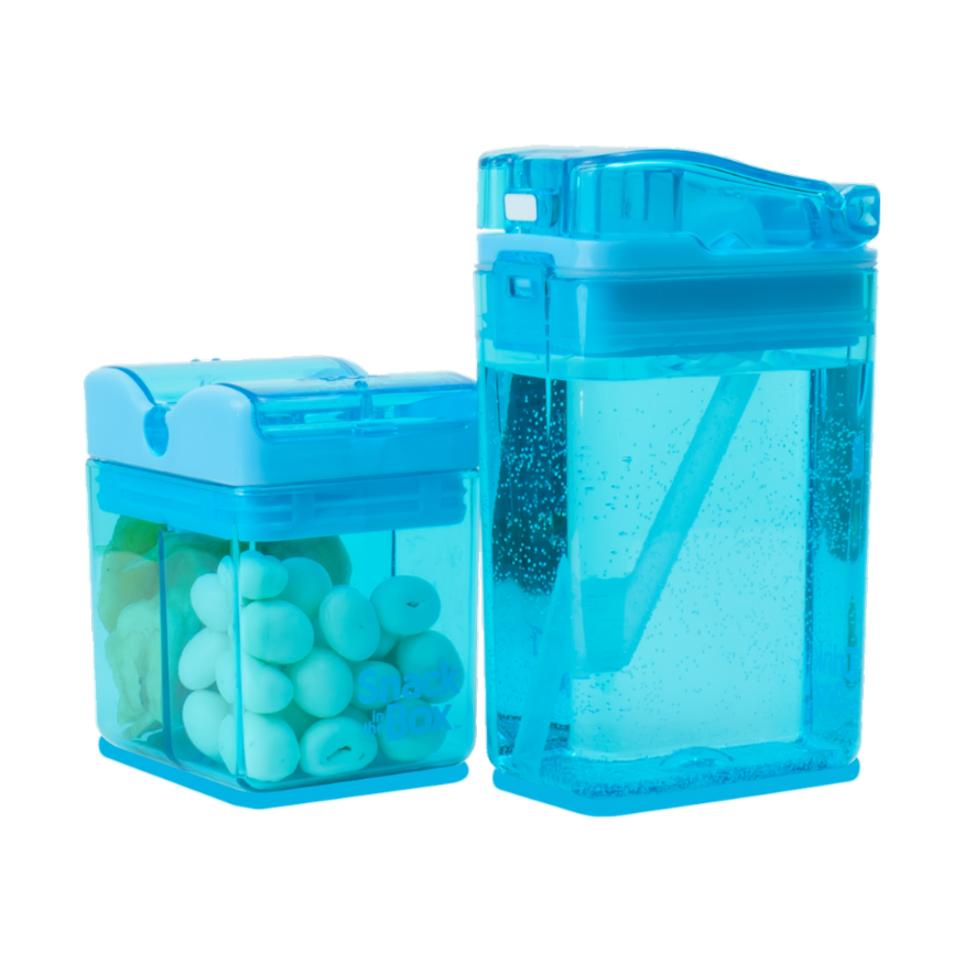 Two blue transparent containers with beads and a spoon on a white background