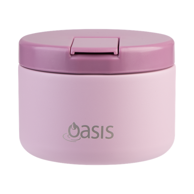 Pink insulated food container with lid on a white background