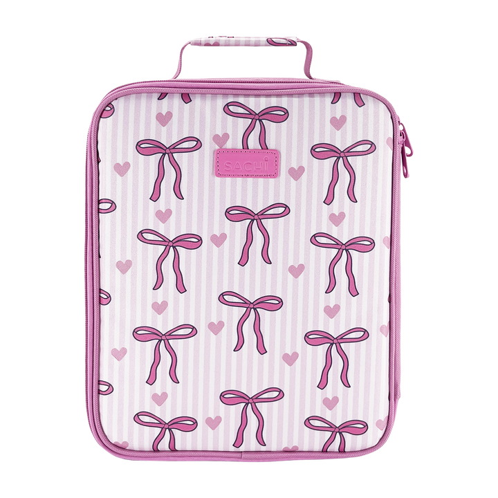 A pink and white striped zippered lunch bag with a repeating bow and heart pattern, featuring a top carry handle and a pink brand patch on the front.