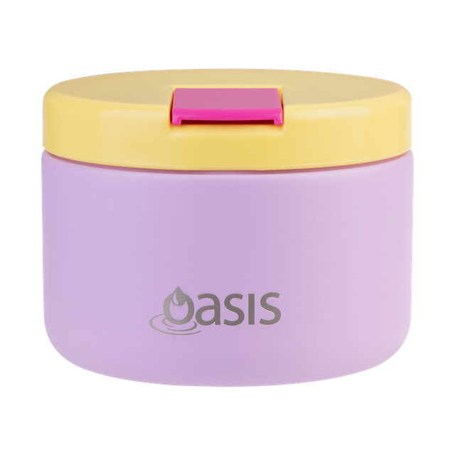 Purple container with a yellow lid and pink clip on a white background, featuring the 'oasis' brand.