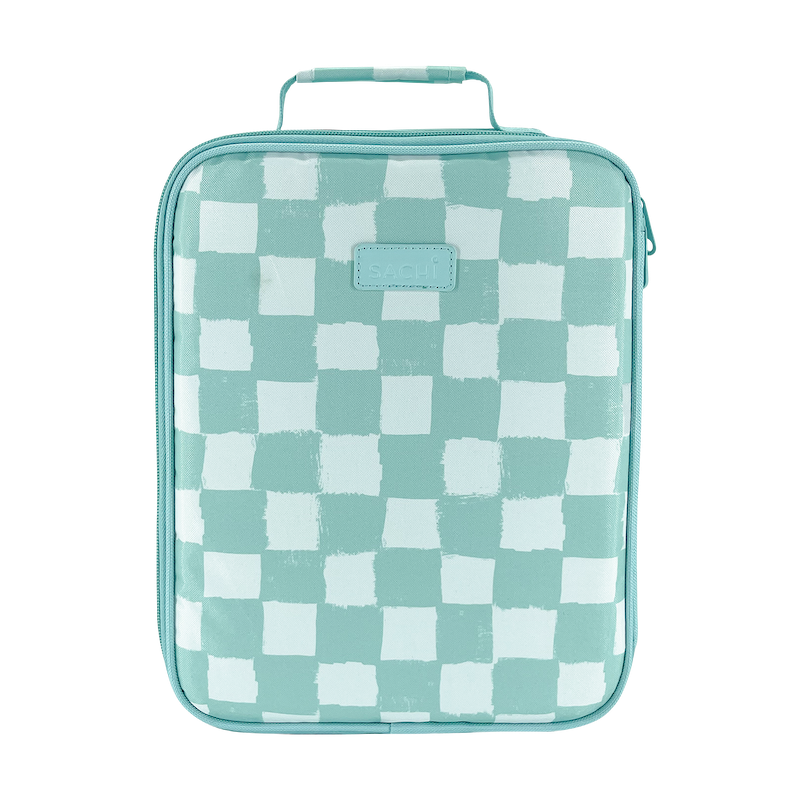 A mint green and white checkered zippered pouch with a top handle, shown against a plain white background.