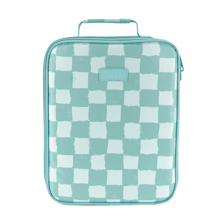 A mint green and white checkered zippered pouch with a top handle, shown against a plain white background.