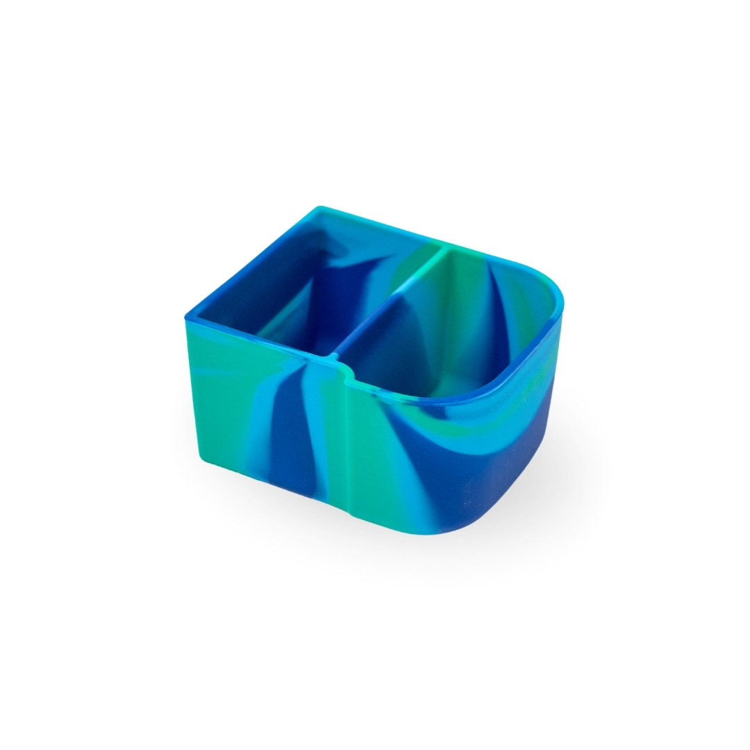 Blue and green silicone container on a white background