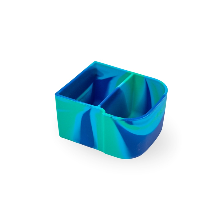 Blue and green silicone container on a white background