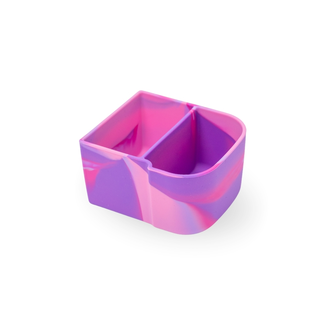 Colorful silicone container with a pink and purple design on a white background
