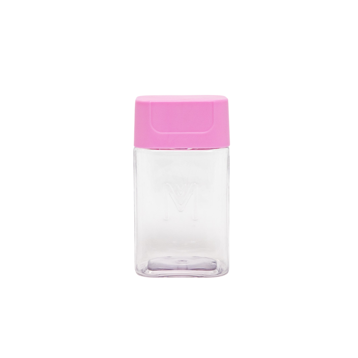 Clear container with a pink lid on a white background