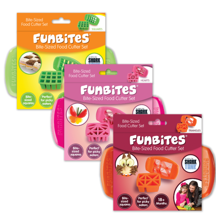 Three FunBites Bite-Sized Food Cutter Set packages arranged in a fan shape on a white background, showing green, pink, and orange versions with shark-themed retail cards.