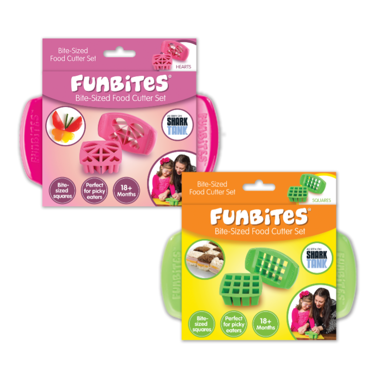 Two FunBites Bite-Sized Food Cutter Set packages shown on a white background, one in pink packaging with pink cutters visible, and one in orange packaging with green cutters visible.