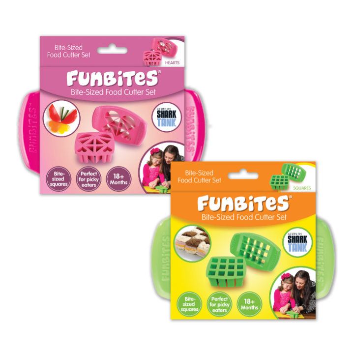 Two FunBites Bite-Sized Food Cutter Set packages shown on a white background, one in pink packaging with pink cutters visible, and one in orange packaging with green cutters visible.