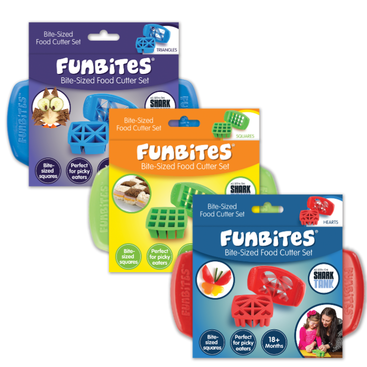 Three packaged FunBites Bite-Sized Food Cutter Sets in blue, green, and red, arranged overlapping on a plain white background. Each package shows the brand name FunBites, product type, and a different animal illustration.