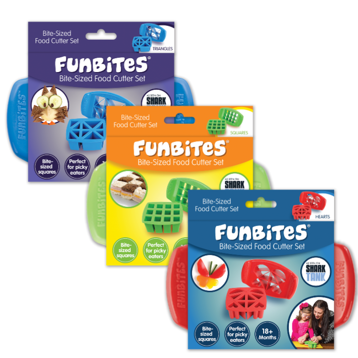 Three packaged FunBites Bite-Sized Food Cutter Sets in blue, green, and red, arranged overlapping on a plain white background. Each package shows the brand name FunBites, product type, and a different animal illustration.