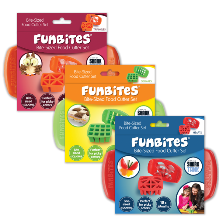 Three FunBites Bite-Sized Food Cutter Set packages arranged in a fan shape on a white background, featuring orange, green, and blue packaging with red plastic cutter tools visible.