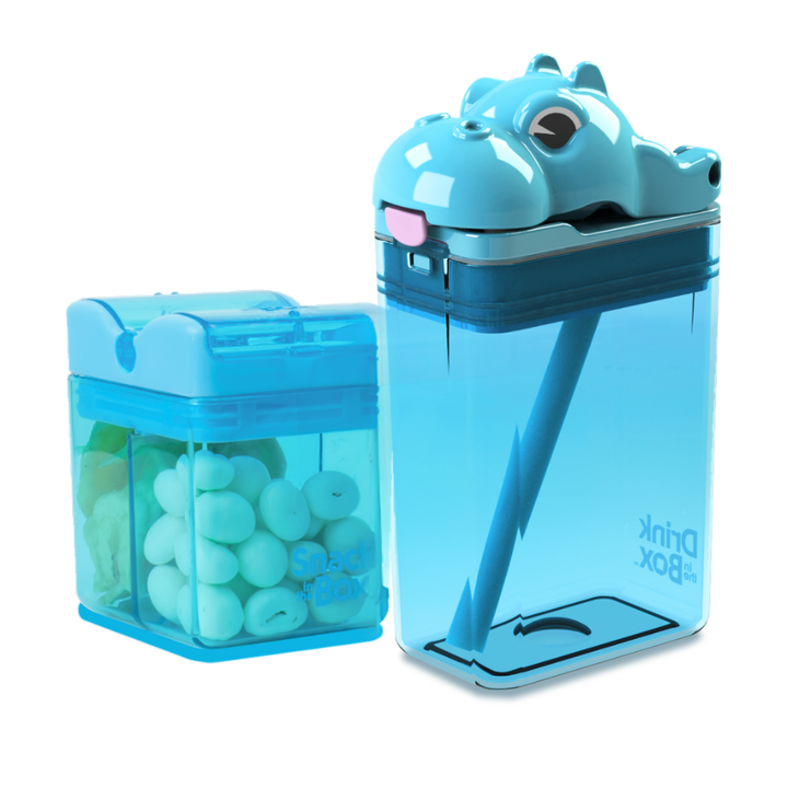 Blue straw drink box with a small container of green gumballs on a white background