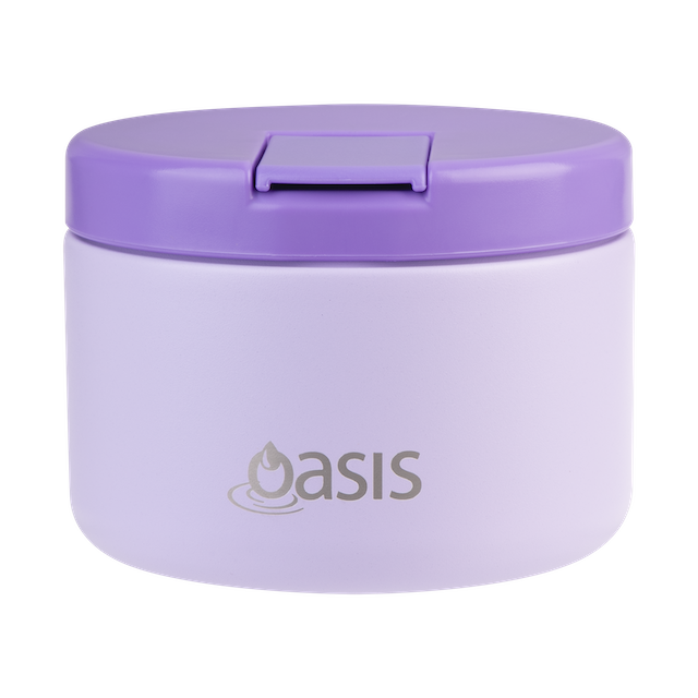 Purple and white container with 'Oasis' branding on a white background