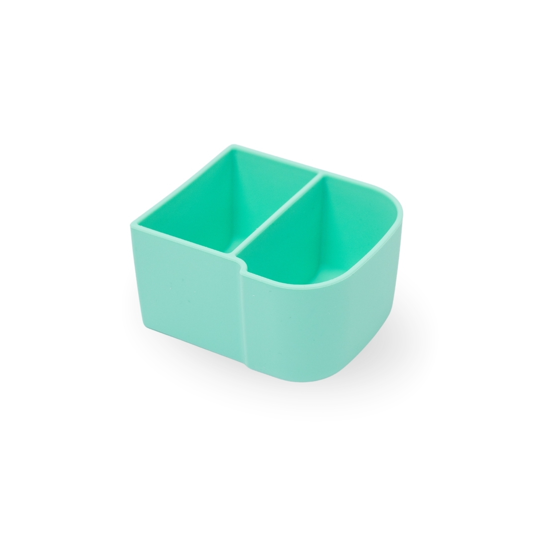 Turquoise plastic container with a divided interior on a white background