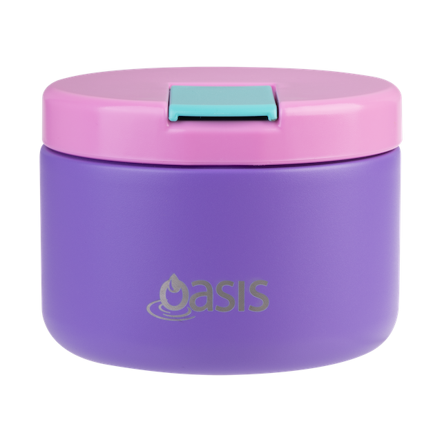 Purple container with pink lid featuring the 'oasis' brand on a white background