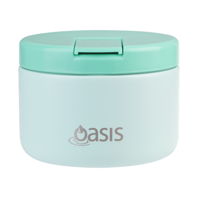 Mint green and white container with 'Oasis' branding on a white background