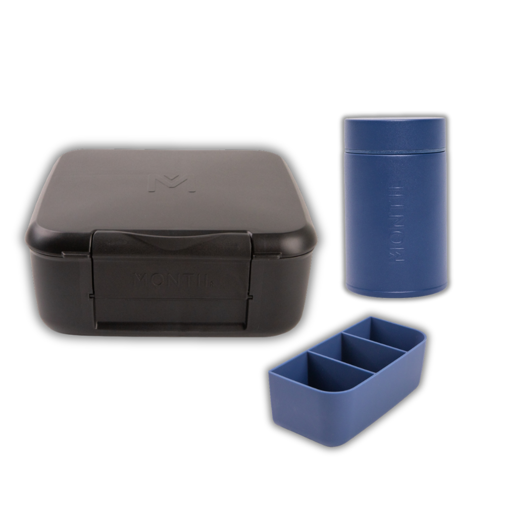 Black lunch box, blue thermos, and blue divided container on a white background