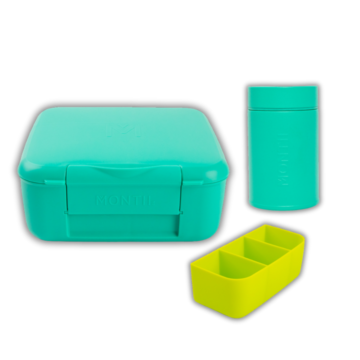 Set of three colorful containers on a white background