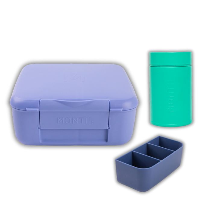 Blue lunch box, teal thermos, and blue snack container on a white background
