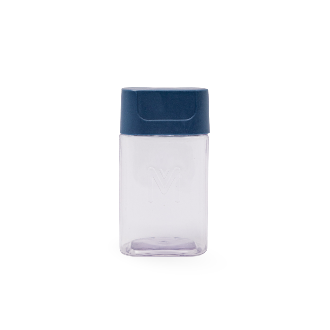 Clear container with a blue lid on a white background