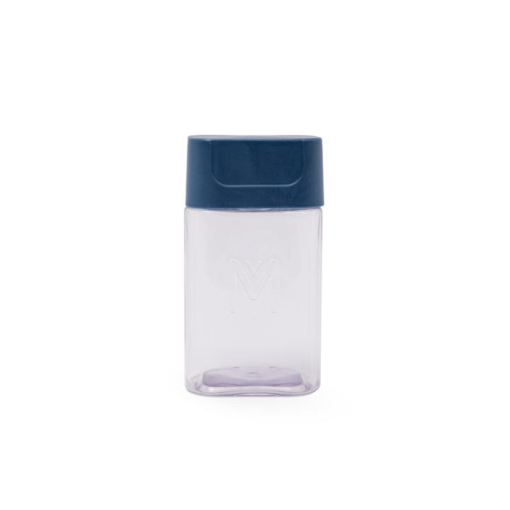 Clear container with a blue lid on a white background