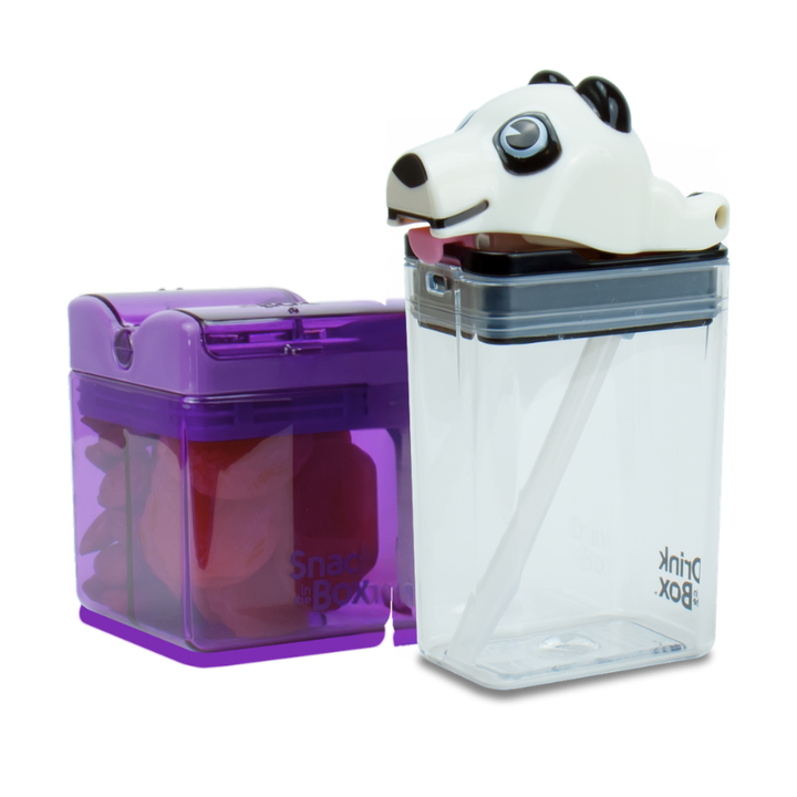 Panda-shaped snack container with a clear lid and purple base on a white background