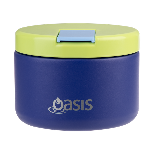 Blue insulated food container with a green lid featuring the 'oasis' brand.