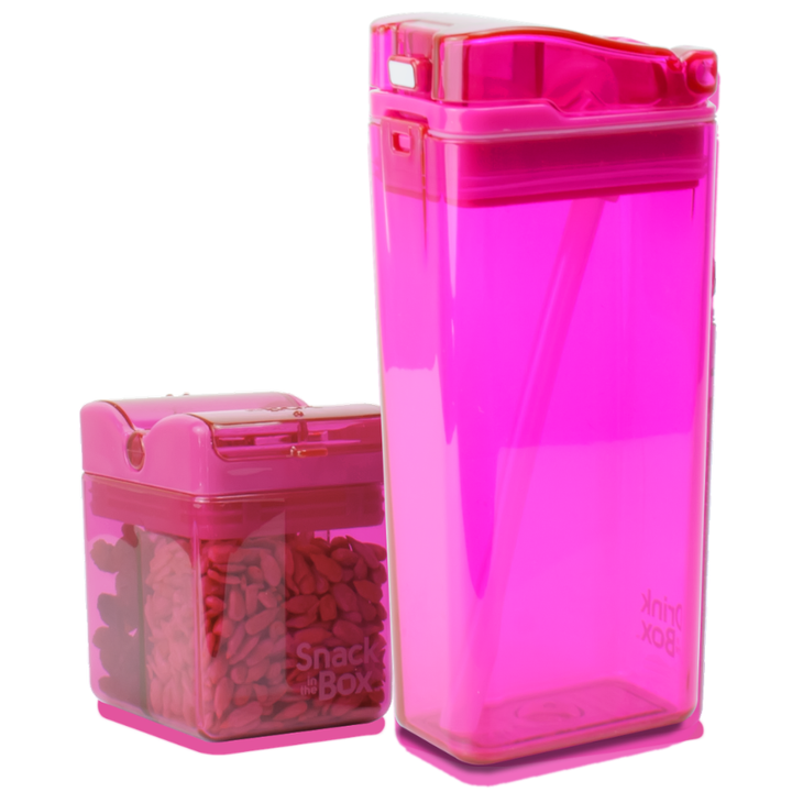Pink transparent snack container with 'Snack in a Box' branding on a white background