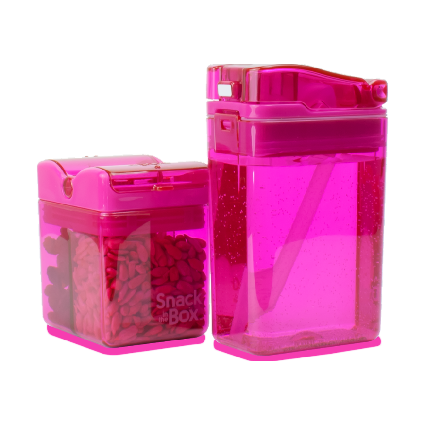 Pink snack container with 'Snack in a Box' branding on a white background