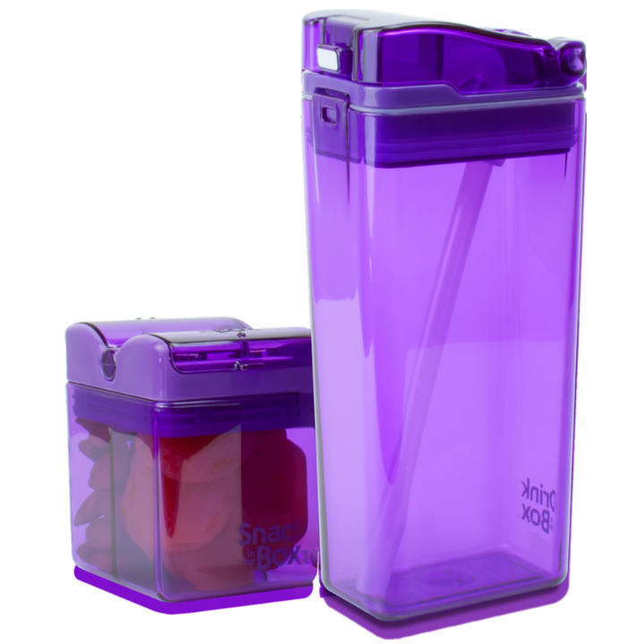 Two purple snack containers with 'Snack Box' branding on a white background