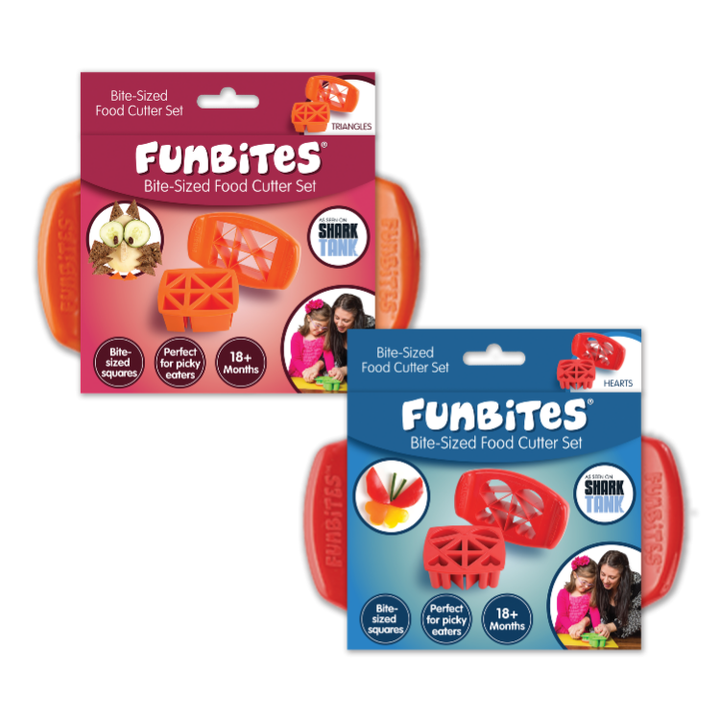 Two packaged FunBites Bite-Sized Food Cutter Sets shown on a plain white background, one with a pink package and one with a blue package. Each package contains orange plastic cutter tools with red handles.