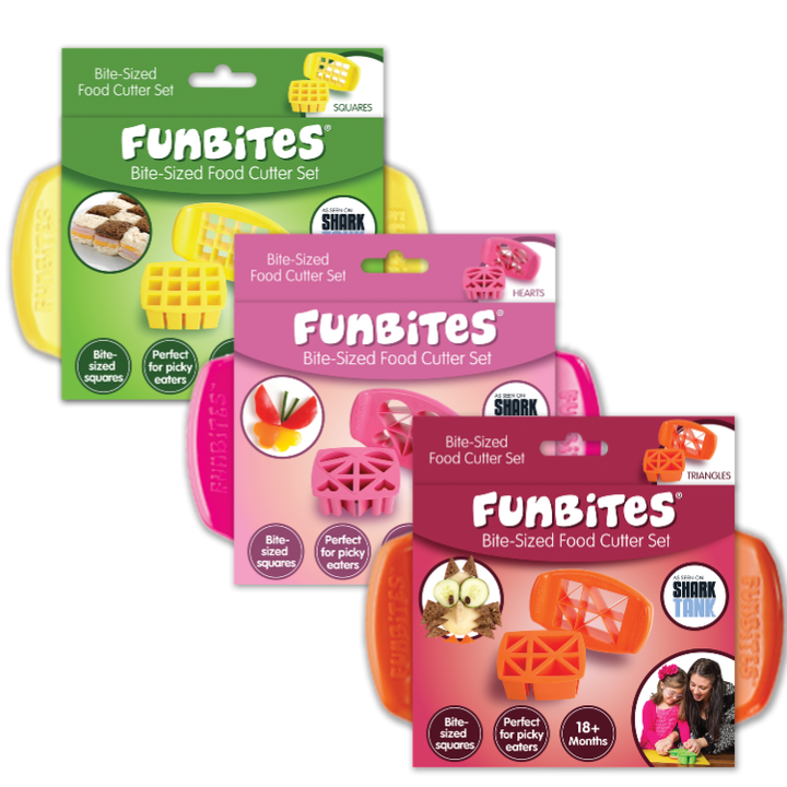Three packaged FunBites Bite-Sized Food Cutter Sets shown together on a white background: a green package for square molds, a pink package for heart molds, and a red package for franken molds. The sets include colorful plastic cutter molds visible behind the retail cards.