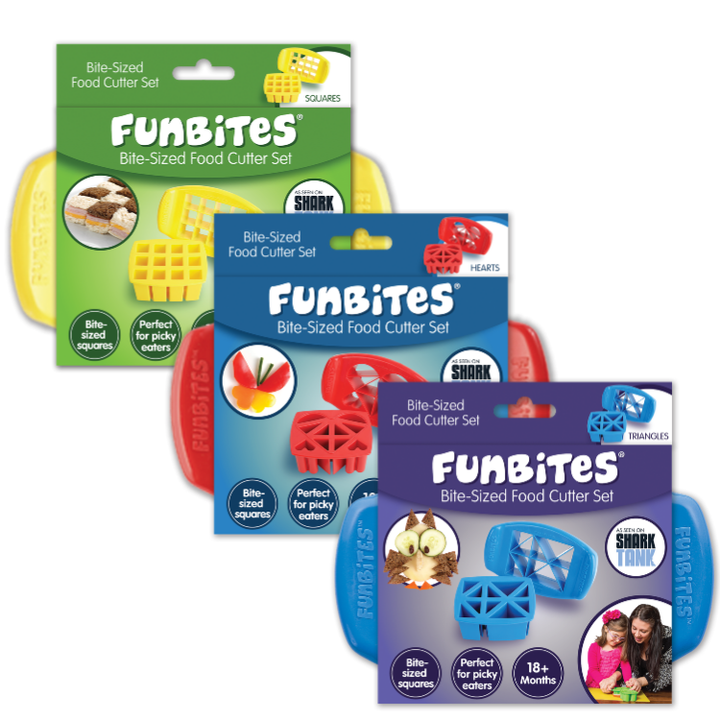 Three packaged FunBites Bite-Sized Food Cutter Sets in green, blue, and purple, showing the included yellow, red, and blue plastic cutter shapes behind the retail cards.