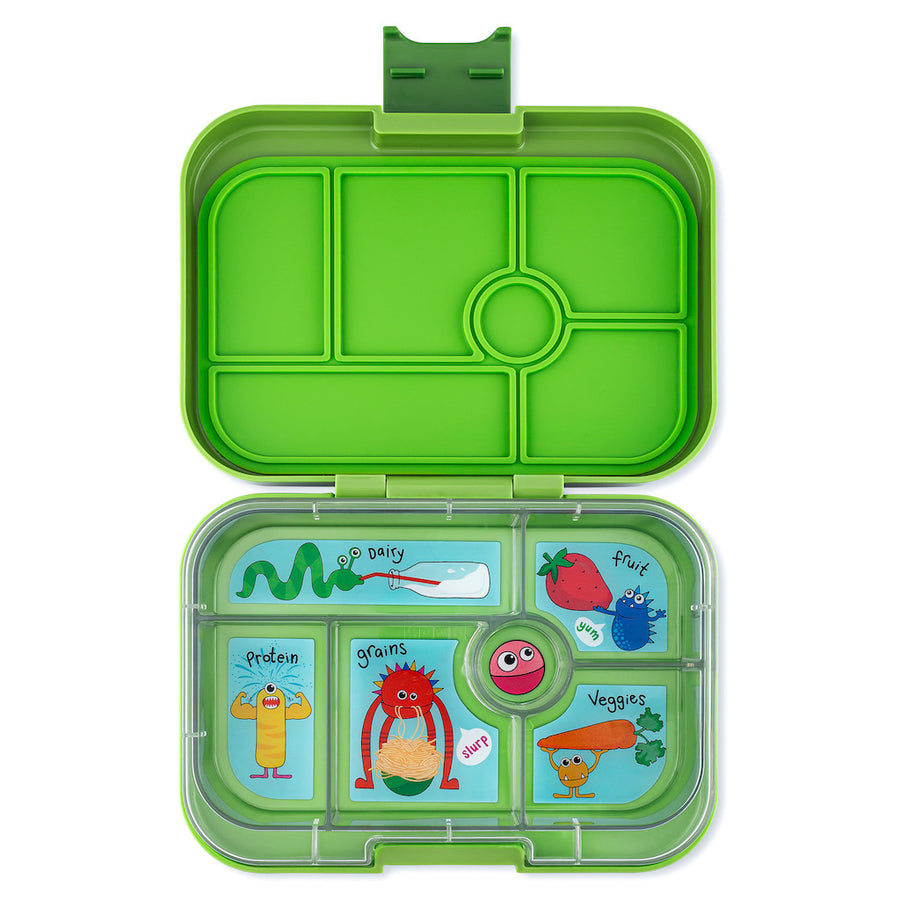 Yumbox original light blue kids lunch box with snacks inside of it