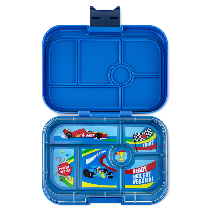 Yumbox original light blue kids lunch box with snacks inside of it