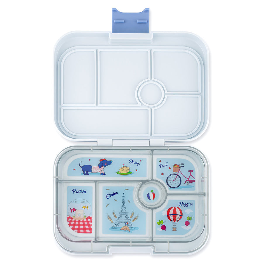 Yumbox original light blue kids lunch box with snacks inside of it